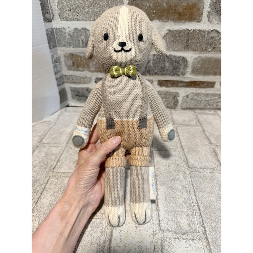 Cuddle + Kind Noah the Dog Puppy Gray Green Bowtie Knit Plush Stuffed Animal Toy